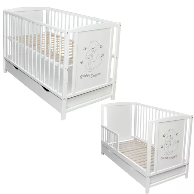 Bett Gitterbett Kinderbett Babybett Juniorbett 2in1 weiß 120x60 Bär Schublade