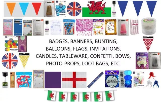 Party Essentials - Bunting, Flags, Plates, Cups, Candles, Balloons, Invite, Etc