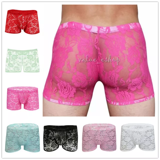 Sexy Men's Sissy Mesh Lace Sheer Boxer Briefs Shorts Panties Knickers Underwear