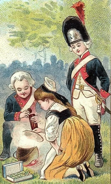 1900 Gala Peter Swiss Milk Chocolates Trade Card French Victorian Soldiers& Girl