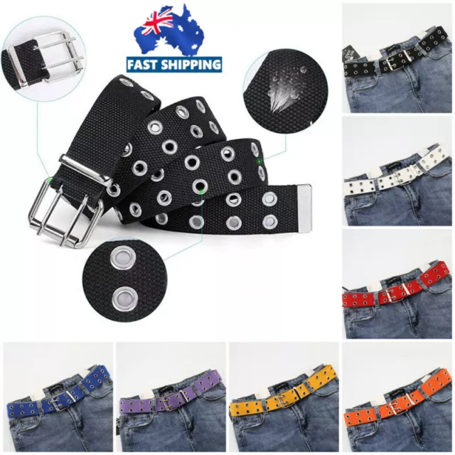 Canvas Double Grommet Holes Belt 2-Row Studded Women Men Waist Strap Belts Band!