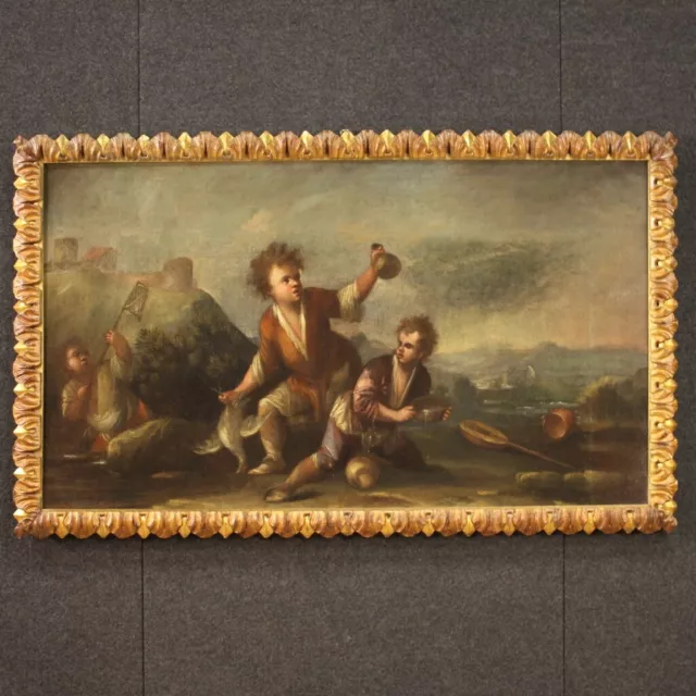 Antike Gemälde Landschaft mit Figuren Bild Öl auf Leinwand 18. Jahrhundert 700