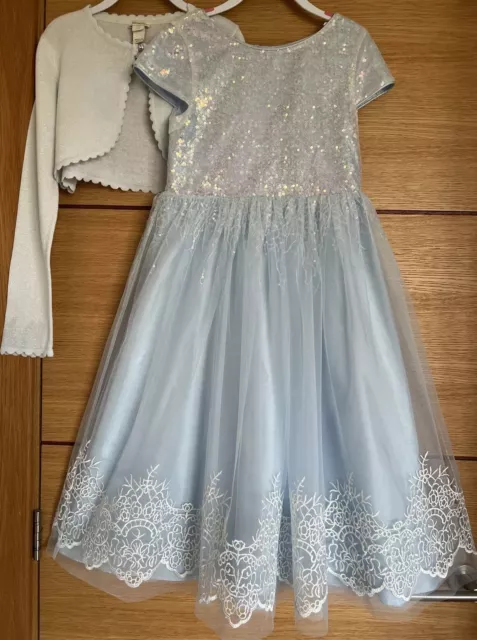 Girls Monsoon sequin tulle party dress & matching cardigan, Pale blue. Age 8-9