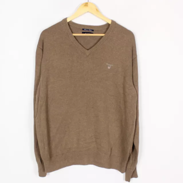 GANT Hommes Pull Taille L Pull Col V Serré Tricot Marron Coton me9702