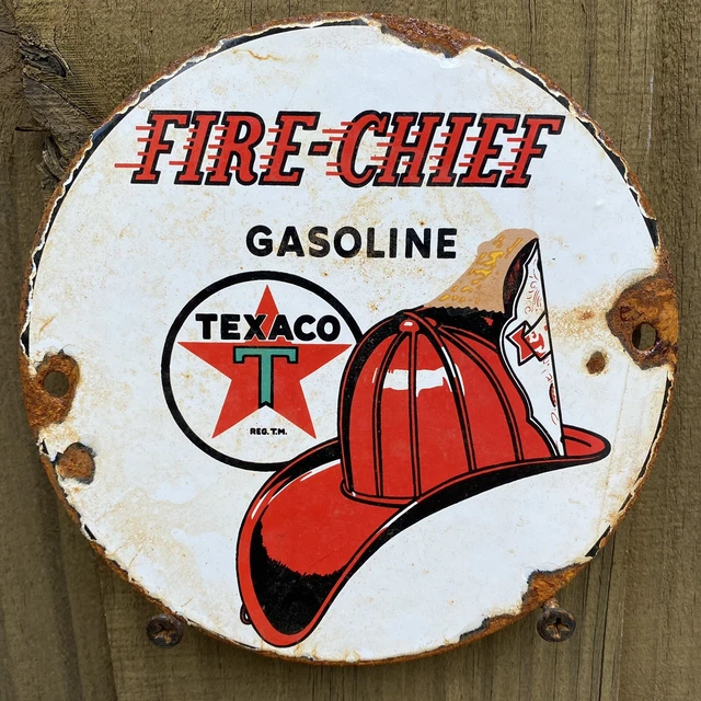 VINTAGE TEXACO PORCELAIN Fire Chief 6” Gas Pump Plate Oil Texas Star ...