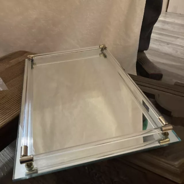 Vintage Mirror Vanity Tray with Glass Rod Rails w Brass Corners 10” X 16” Footed