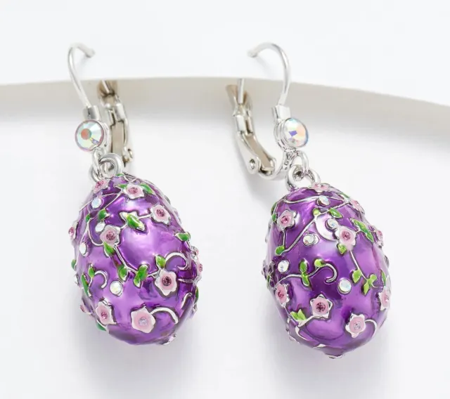 KIRKS FOLLY EGG Enamel Purple Leverback Silver tone Pierced Earrings Faberge