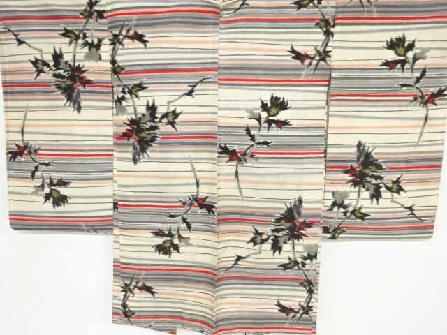 35833# Japanese Kimono / Antique Haori / Woven Stripe & Floral Plants