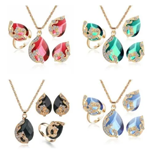 18k Gold Plated Earrings Necklace Set Crystal Pendant Women Wedding Jewelry Gift