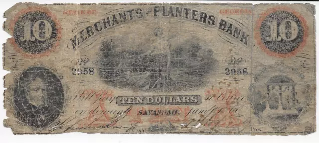 1860 US  $ 10 Obsolete Note MERCHANTS & PLANTERS BANK  Savanah, Georgia As Shown