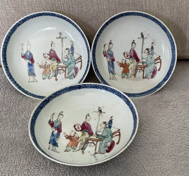 Antique 18th / 19th Century Chinese Porcelain Bowl / Dish X3, People, Parrot Etc