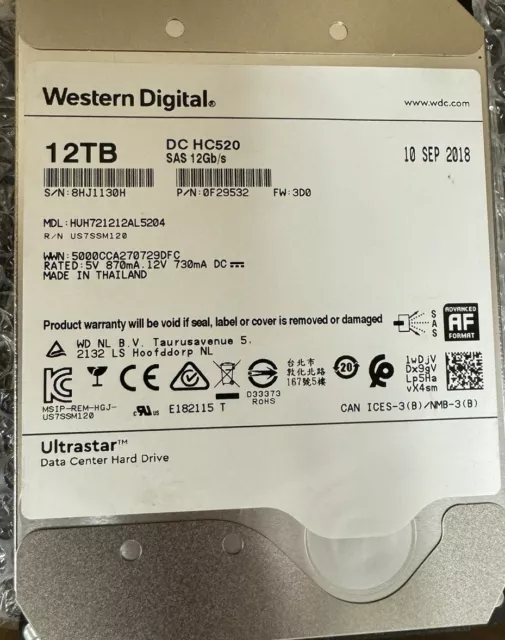 WD Ultrastar DC HC520 12TB 3.5" SAS HDD, P/N 0F29532 Model# HUH721212AL5204