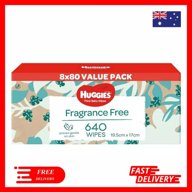 Huggies Thick Baby Wipes Fragrance Free 640 Pack (8 x 80 Pack)Packaging May Vary