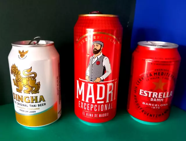 x 3 EMPTY 330/440ml  BEER CANS SPAIN THAILAND MADRI, ESTRELLA BARCELONA, SINGHA