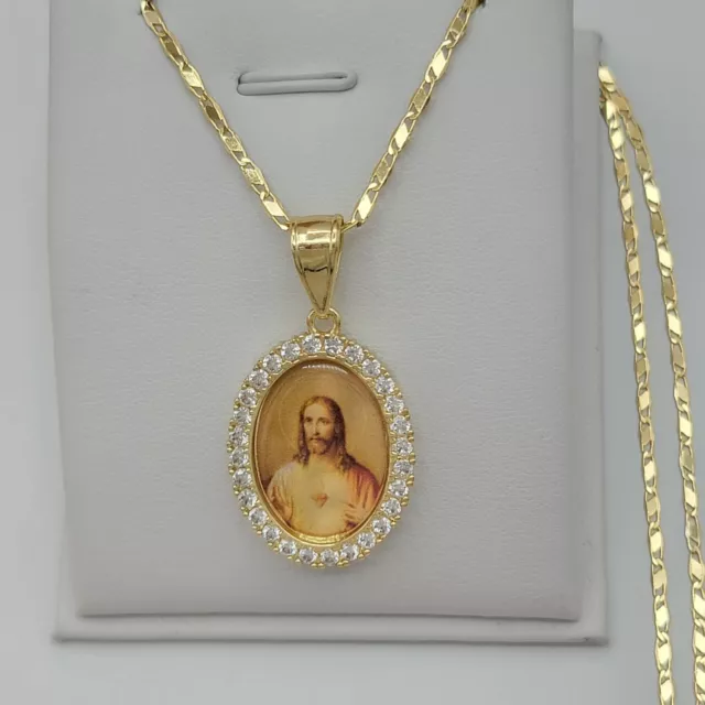 14K Gold Plated Sacred Heart of Jesus Pendant & Chain Necklace Sagrado Corazon