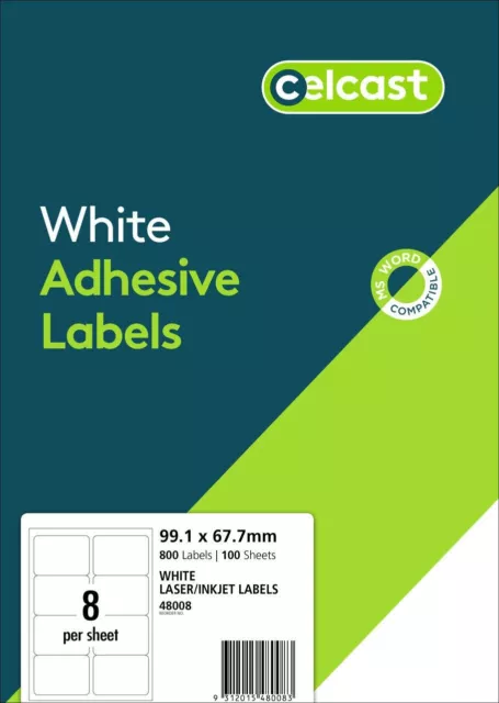 CELCAST INKJET / LASER LABELS 99.1X67.7MM 100 PER PACK 8UP (Avery L7165) 48008