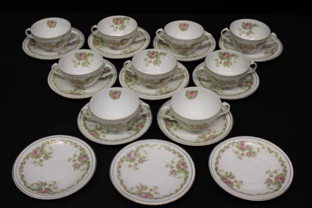 21pc ZS & Co Porcelain MIGNON Rose Bouillon Cream Soup Cup & Saucer Set, Bavaria
