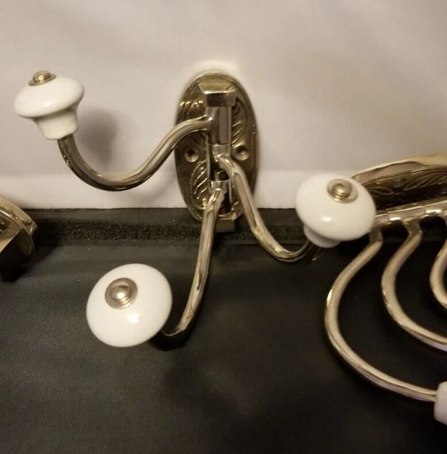 3~Vintage 3 Arm Adjustable Hooks w White Porcelain Knobs Wall Mount Hanger