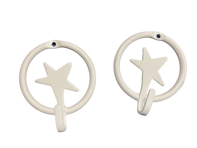 Amish Forged White Cream Gloss Solid Wrought Iron Star Hook Ring Set of 2