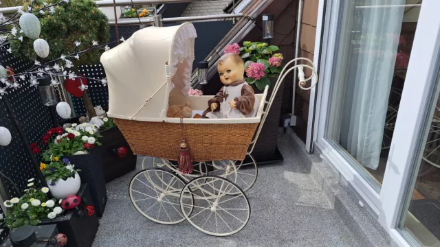 Traumschöner alter Korb Puppenwagen um 1900 mit Garnitur, Kinderwagen