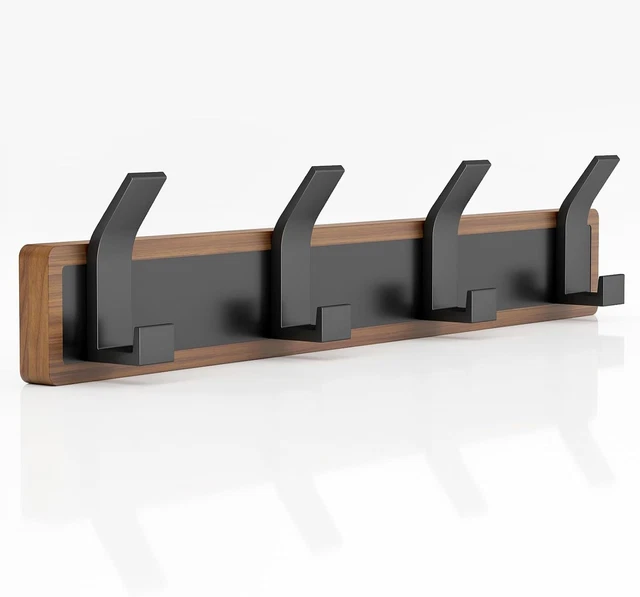 Coat Rack Wall Mount-Solid Walnut Wall Coat Rack with 4 Black Wall Hooks for Han