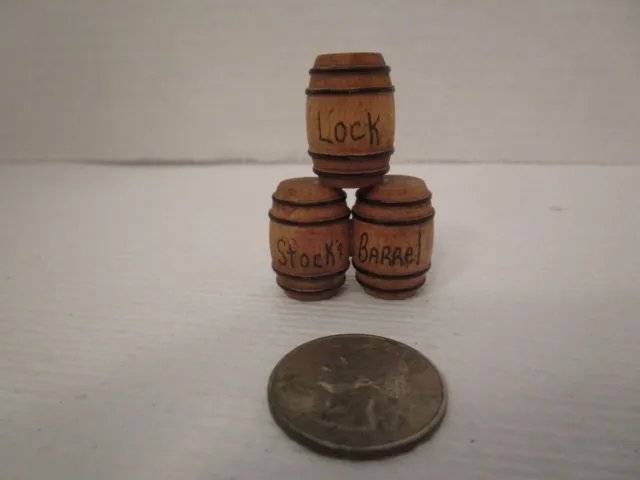 Dollhouse Set of 3 Whiskey Cider Wine Beer Barrels Marked Lock, Stock & Barrel