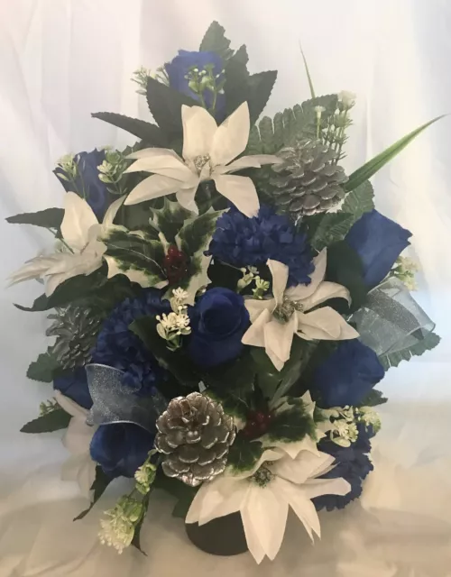 Christmas  Artificial Flowers 2 x Blue Tall Grave/Crem Pot Memorial Arrangements