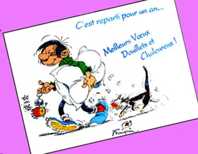 CARTE postale rigolote GASTON LAGAFFE meilleurs voeux bonne année humour chat