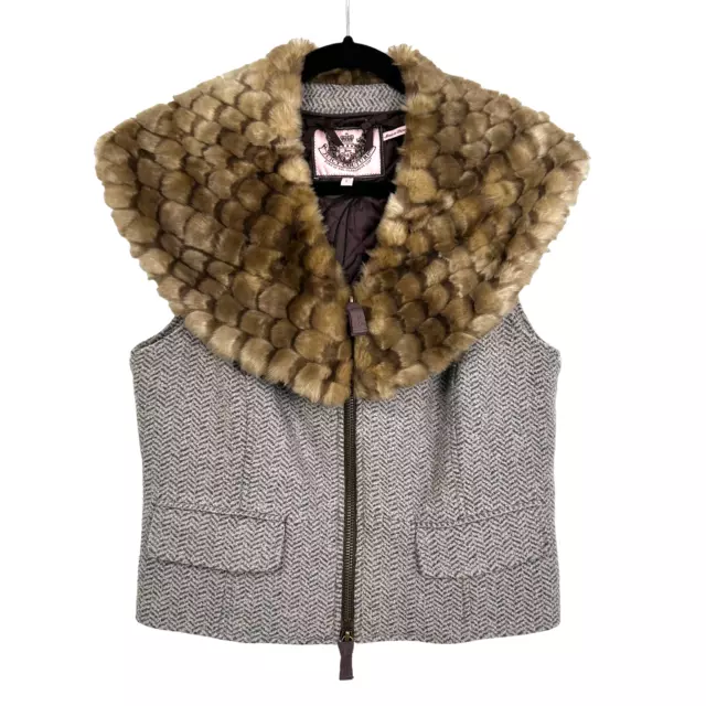 Juicy Couture Y2k Herringbone Faux Fur Collar Zip Vest Womens L