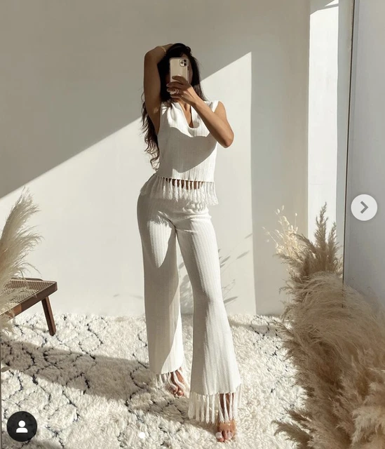 TOP ZARA NUOVO Donna A Frange Lavorato A Maglia Bianco Taglia M