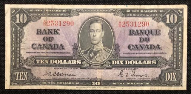 1937 Bank of Canada $10 Ten Dollar Banknote BC-24a Osborne / Towers