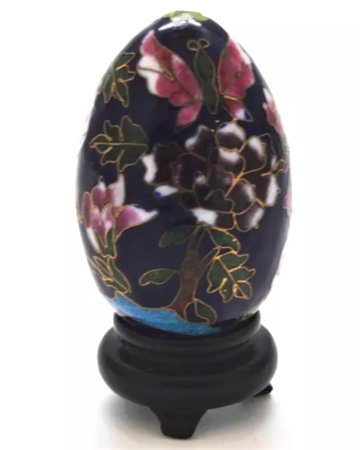 Vintage Cloisonne Egg with Wood Stand. Hand Painted Enamel in Floral Designs