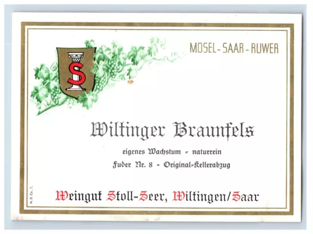 1970's-80's Wiltinger Braunfels Feinste #2 German Wine Label Original S42E