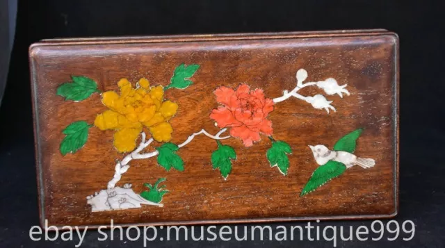 11.6" Old Chinese Huanghuali Wood Inlay shell Carving Flower Bird Storage Box