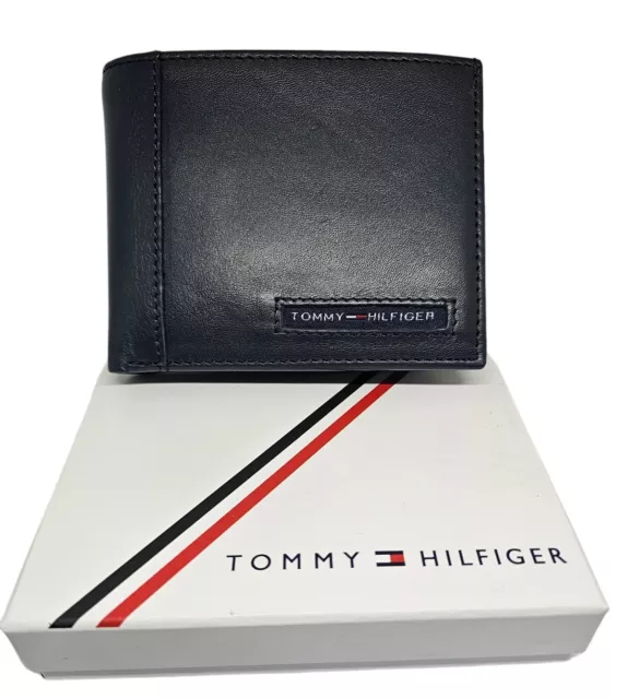 NEW TOMMY HILFIGER Navy Leather Wallet Bifold Mens Credit Card Holder ...