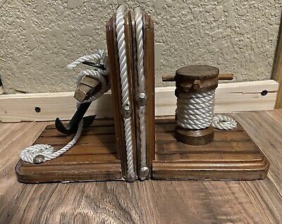 Vtg Pair Of Nautical Iron Anchor & Rope Wood Bookends Hand Made 6”x4”