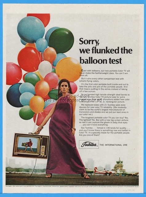 1967 Toshiba Portable Color Television Flunked The Balloon Test Woman Airport Ad
