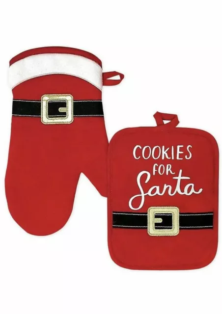 Cookies For Santa" RED Oven Mitt & Pot Holder Set - New w/tags free ship