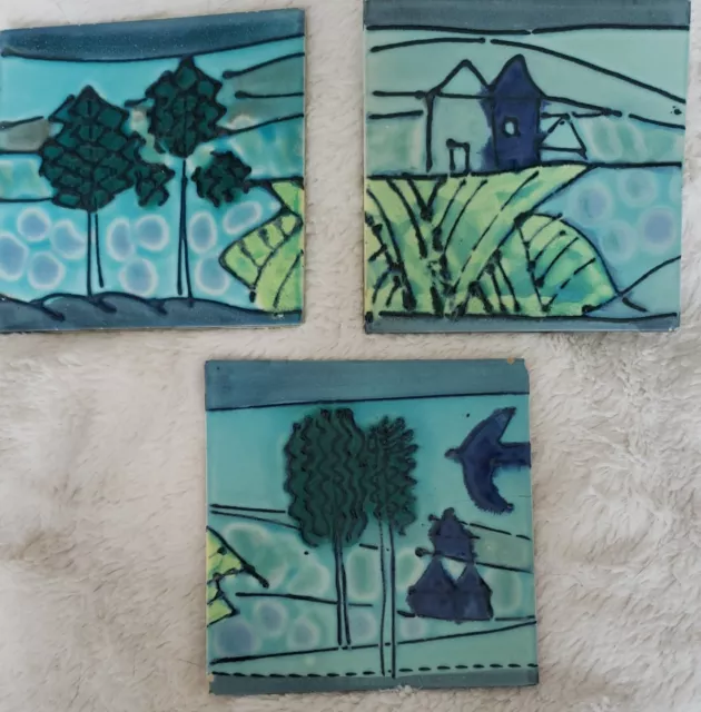 Vintage 3 tiles England Henry Richards glazed modern landscape Majolica 1950s