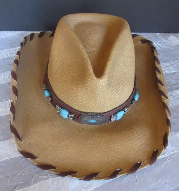 BULLHIDE Del Mar, Raffia Straw COWBOY HAT Leather Turquoise Bead Band  Size L