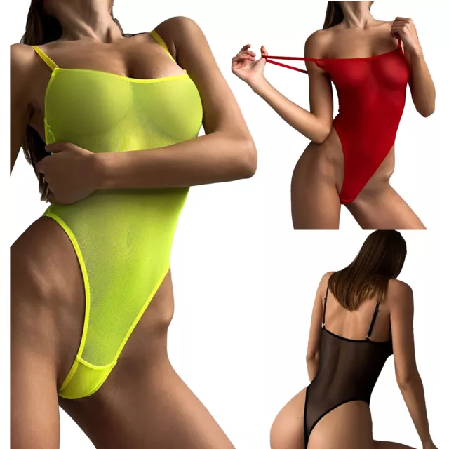 US Sexy Womens Swimwear High Cut Thong Leotard Sheer Babydoll Monokini Swimsuit