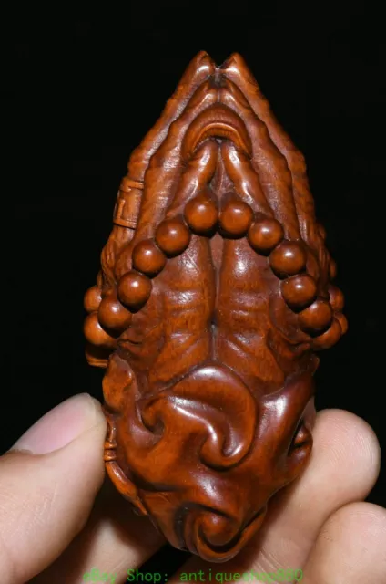 2.9'' Old Chinese Boxwood Carving Buddha Bead Double Hand Statue Sculpture