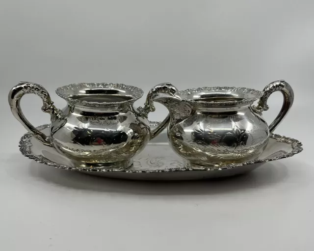 Antique Van Bergh Silver Quadruple Plate Sugar And Creamer Set On Tray