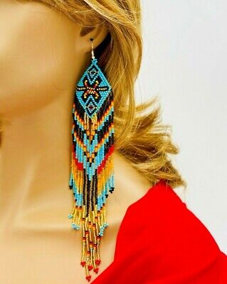 Handmade Beaded Artisan Native Style Multi-Color Extra Long Hook Earrings E61/30