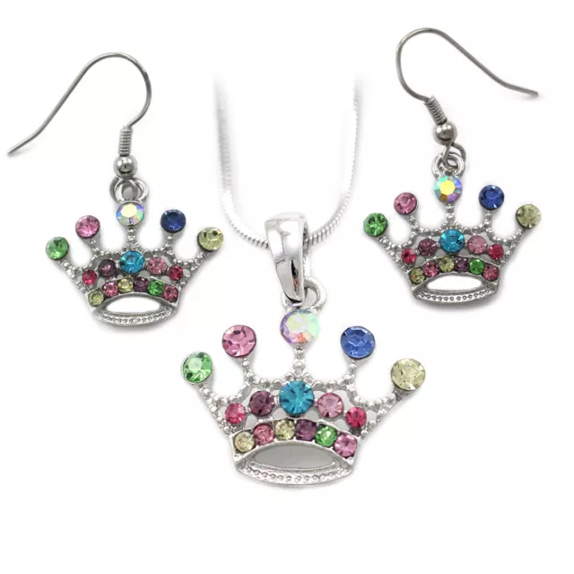 Multi Color Princess Queen Tiara Crown Charm Pendant Necklace Earrings Set s1000