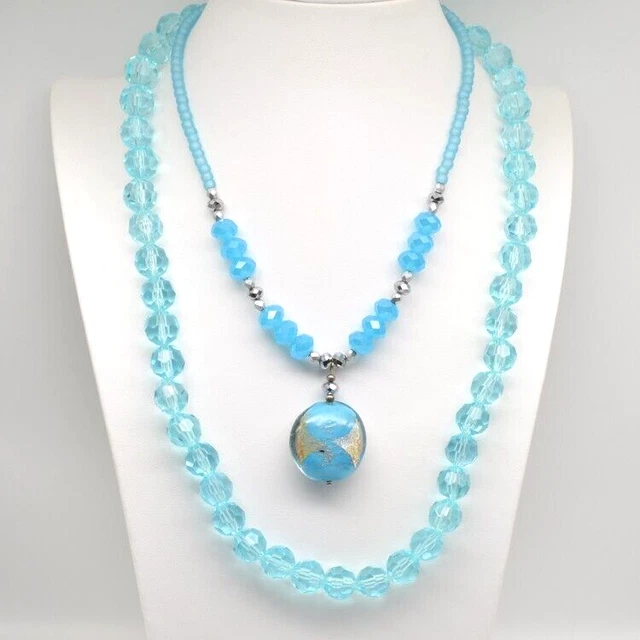 Jewelry Lot of 2 Necklaces Aqua Colors Glass Foil Pendant Gift For Her G364