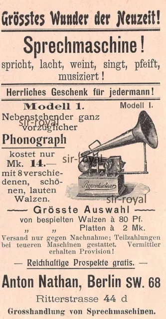 Sprechmaschine - Anton Nathan Berlin - 1905 - Historische Werbung ~7x14cm