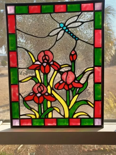 Dragonfly and Pink Irises Stained Glass Window Panel Hand Painted