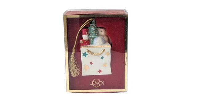 LENOX CHRISTMAS Tree Holiday MACY'S GIFT BAG Teddy Bear ORNAMENT 2000 Mint!