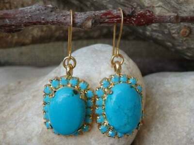 8Ct Oval Beauty Turquoise Estate Vintage Dangle Earrings 14K Yellow Gold Finish